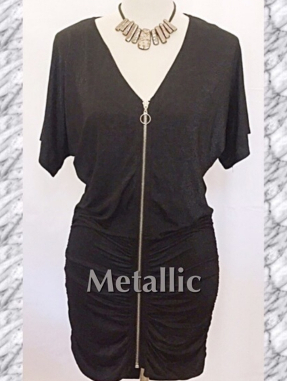 MINKPINK Black Zip-Front Ruched Dolman Sleeve Little Black Dress